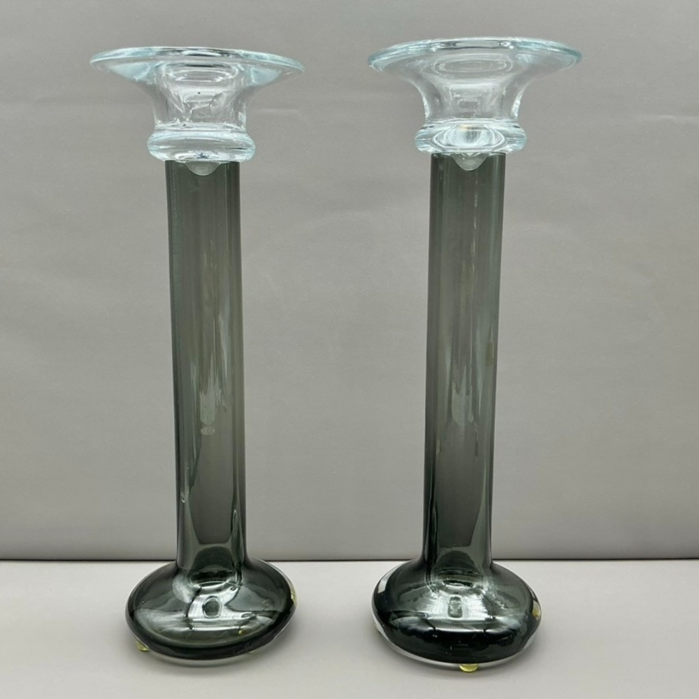 Mikasa Southport Glass Candlesticks Pair Black Clear Taper Candle Holders 11.75"